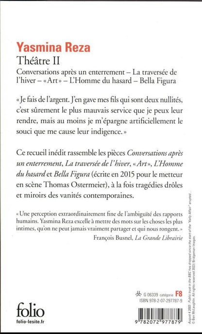Back cover of Théâtre II : conversations après un enterrement, la traversée de l'hiver, "art",  l'homme du hasard, bella figura