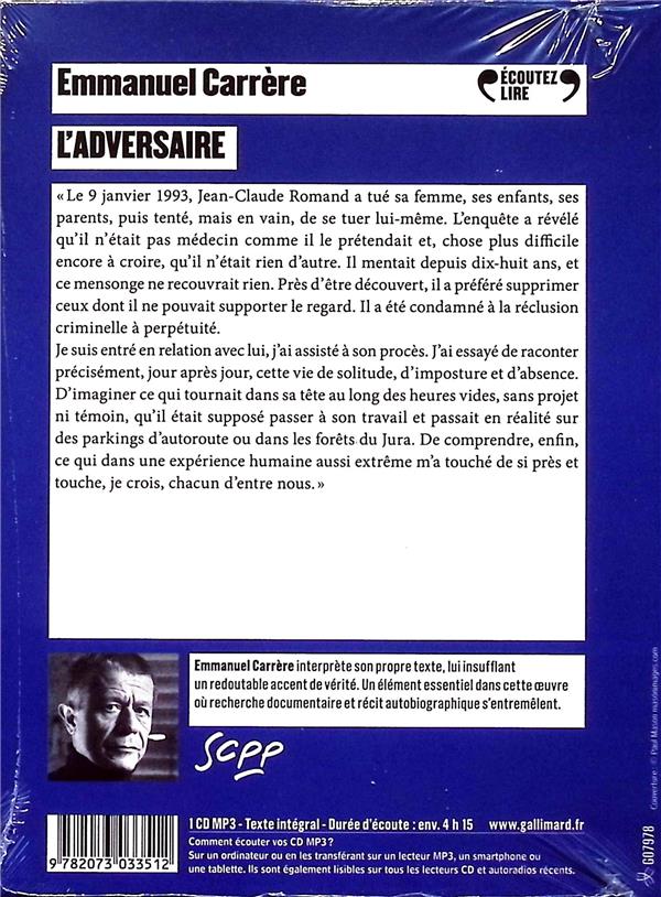 Back cover of L'adversaire                     (1 CD MP3 ; 4h ; lu par l'auteur)