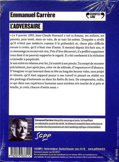 Back cover of L'adversaire                     (1 CD MP3 ; 4h ; lu par l'auteur)