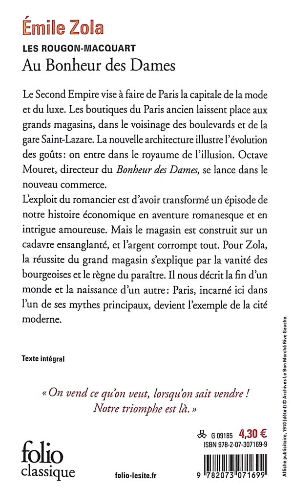 Back cover of Au Bonheur des Dames                     (Préface de Jeanne Gaillard)