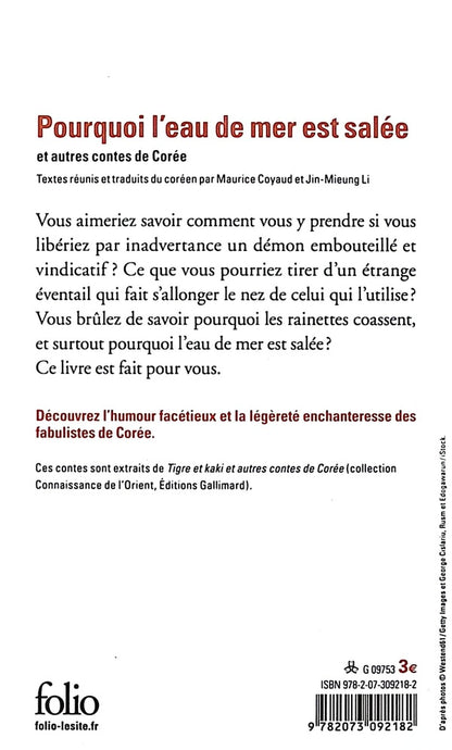Back cover of Pourquoi l'eau de mer est salée et autres contes de Corée                     (Traduction conjointe de Philippe Leconte, Juliette Bourdin et Yehudi Menuhin)