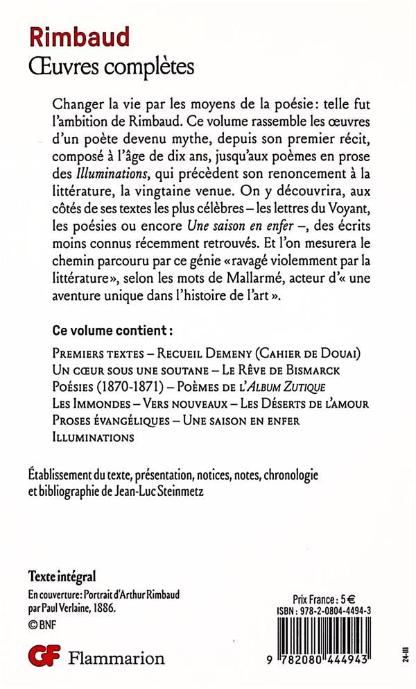 Back cover of Oeuvres complètes                     (Édition de Jean-Luc Steinmetz)