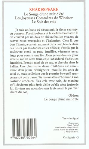 Back cover of Le songe d'une nuit d'été ; les joyeuses commères de Windsor ; le  soir des rois                     (présentation Richard Marienstras)