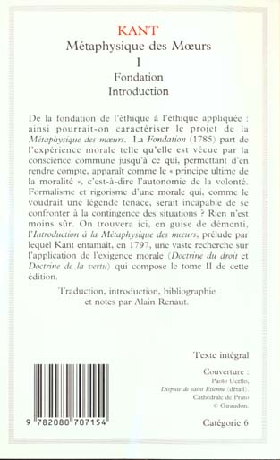 Back cover of Métaphysique des moeurs Tome 1 : fondation. Introduction