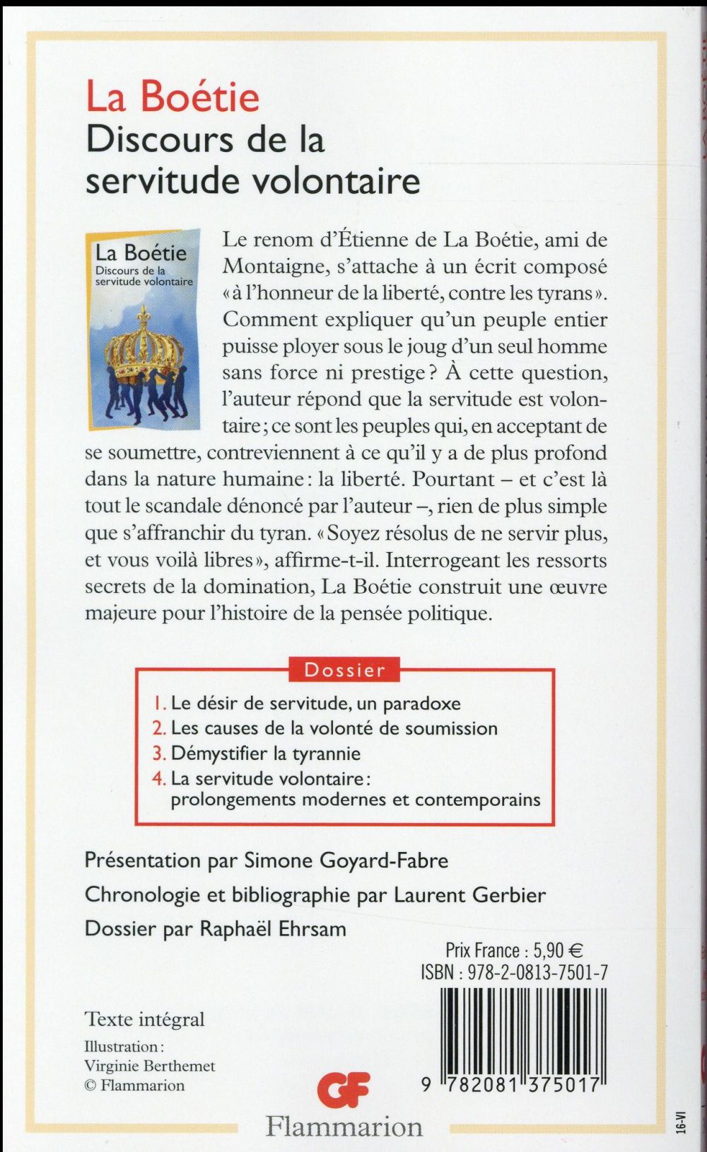 Back cover of Discours de la servitude volontaire                     (Présentation de Simone Goyard-Fabre)
