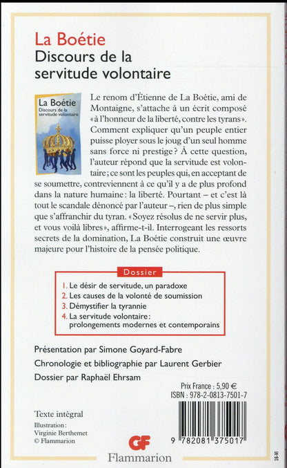 Back cover of Discours de la servitude volontaire                     (Présentation de Simone Goyard-Fabre)