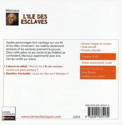 Back cover of L'île des esclaves                     (texte intégral ; commentaires Françoise Rio)