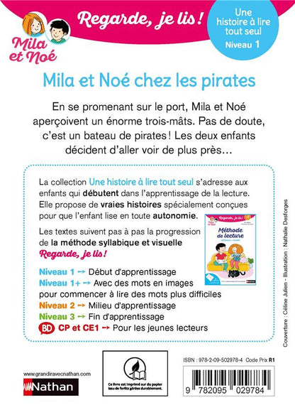 Back cover of Regarde, je lis ! : Mila et Noé chez les pirates : Une histoire à lire tout seul ; Niveau 1
