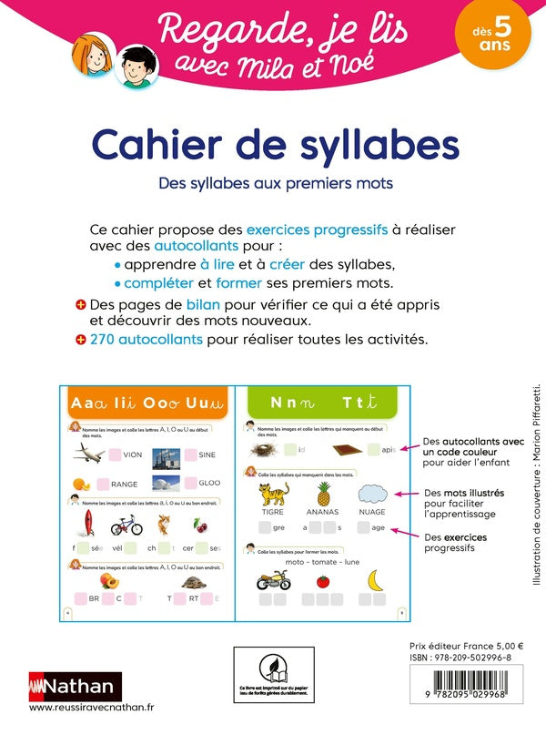 Back cover of Regarde, je lis ! : avec Mila et Noé ; Cahier de syllabes : Des syllabes aux premiers mots