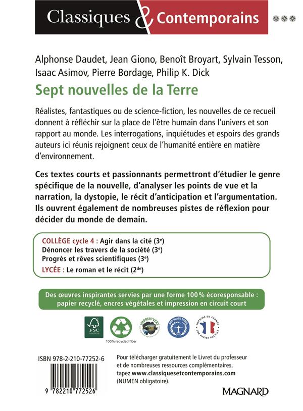 Back cover of Sept nouvelles de la Terre : quand la littérature éveille les consciences