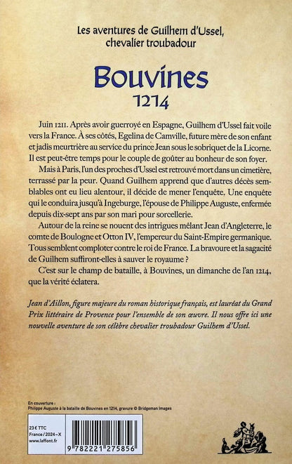 Back cover of Les aventures de Guilhem d'Ussel, chevalier troubadour : Bouvines 1214 : Enquêtes et complots au coeur du Moyen Âge
