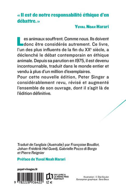 Back cover of La libération animale                     (Préface de Yuval Noah Harari)