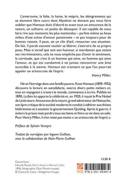 Back cover of Mystères                     (préface Sylvain Venayre ; traduction conjointe Alain-Pierre Guilhon)