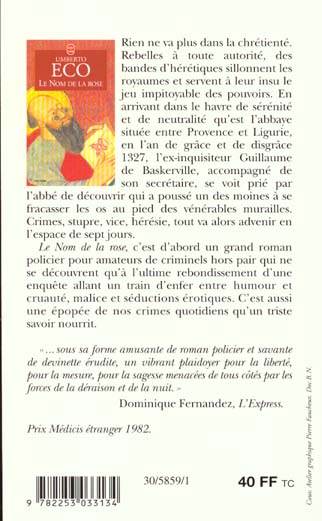 Back cover of Le nom de la rose