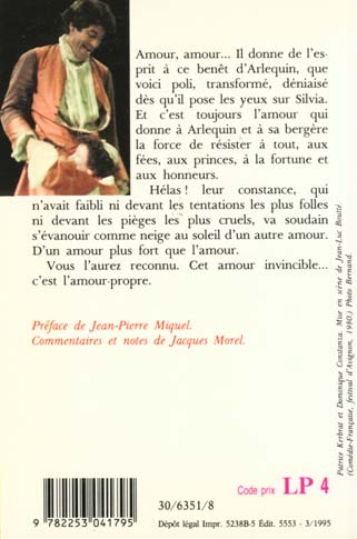Back cover of La double inconstance ; Arlequin poli par l'amour                     (préface Jean-Pierre Miquel)