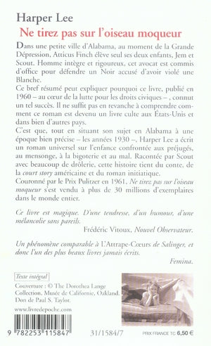 Back cover of Ne tirez pas sur l'oiseau moqueur