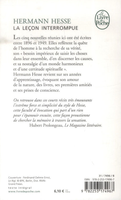 Back cover of La leçon interrompue