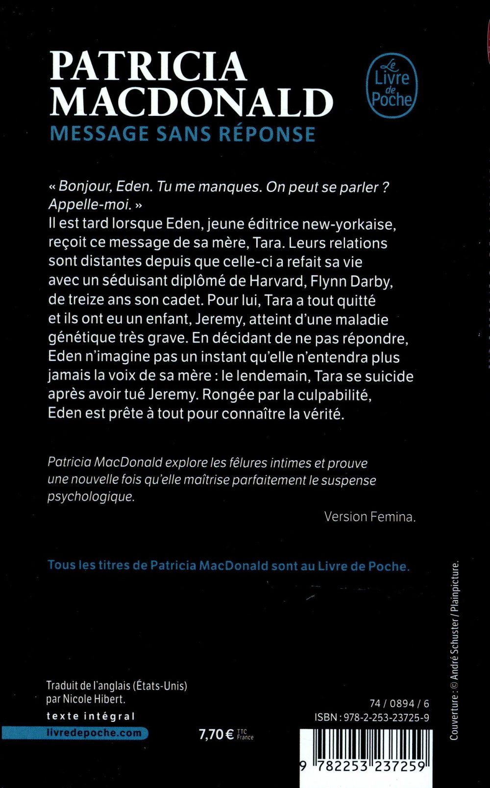 Back cover of Message sans réponse