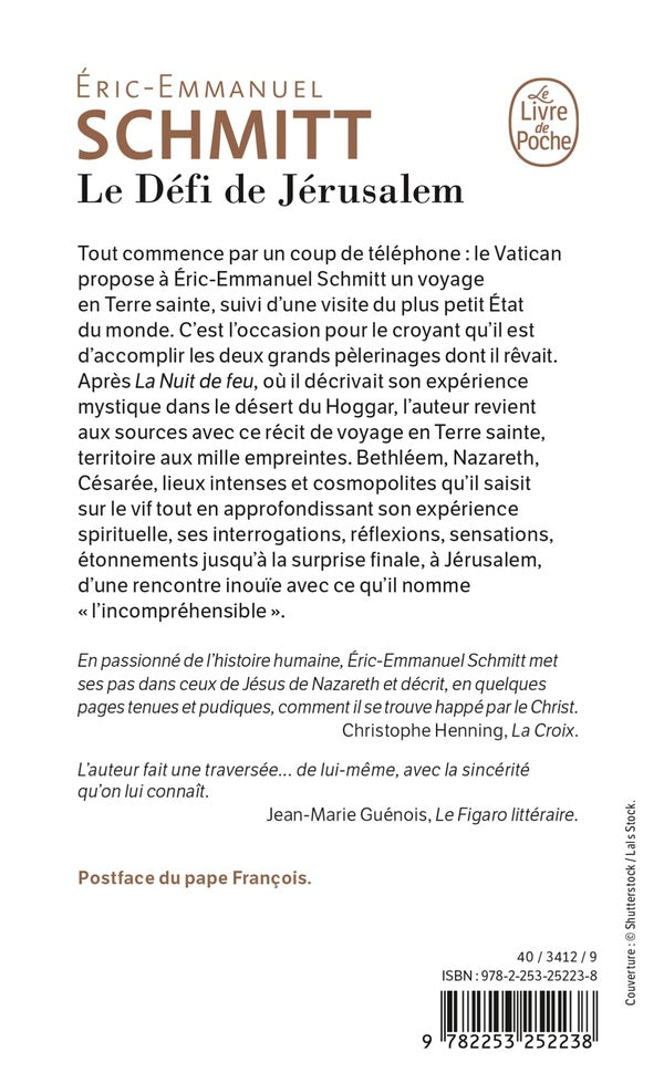 Back cover of Le Défi de Jérusalem                     (Postface du pape François)