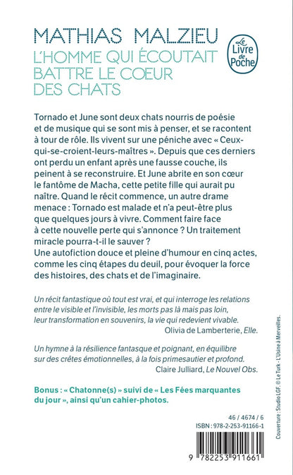 Back cover of L'homme qui écoutait battre le coeur des chats. Suivi de Chatonne(s) et Les fées marquantes du jour