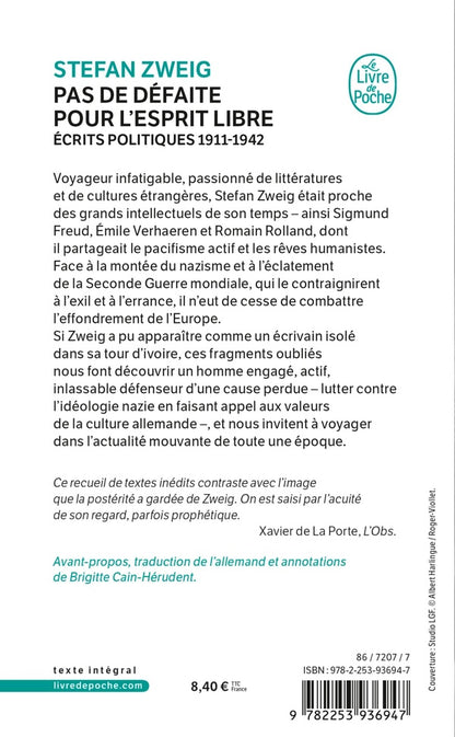 Back cover of Pas de défaite pour l'esprit libre : écrits politiques 1911-1942