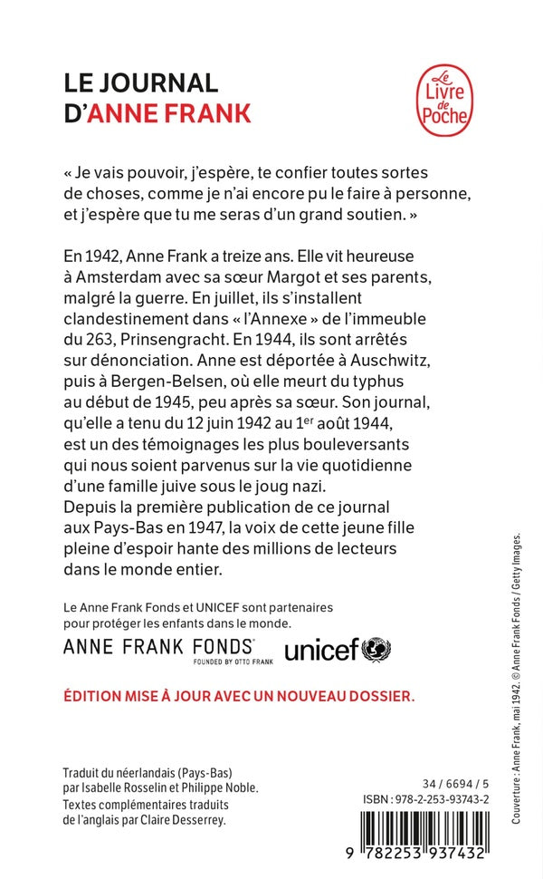 Back cover of Le journal d'Anne Frank                     (traduction conjointe Philippe Noble et Claire Desserrey)