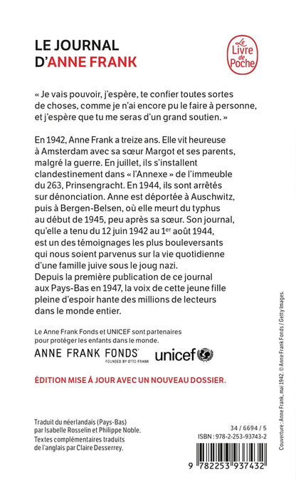 Back cover of Le journal d'Anne Frank                     (traduction conjointe Philippe Noble et Claire Desserrey)