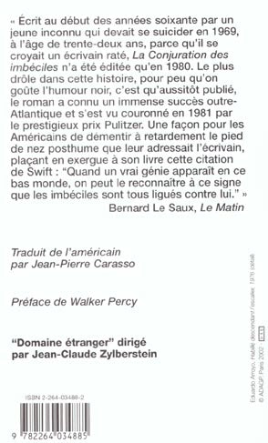 Back cover of La conjuration des imbéciles                     (Préface Walker Percy)