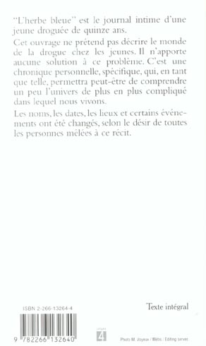 Back cover of L'herbe bleue ; journal intime d'une jeune droguée