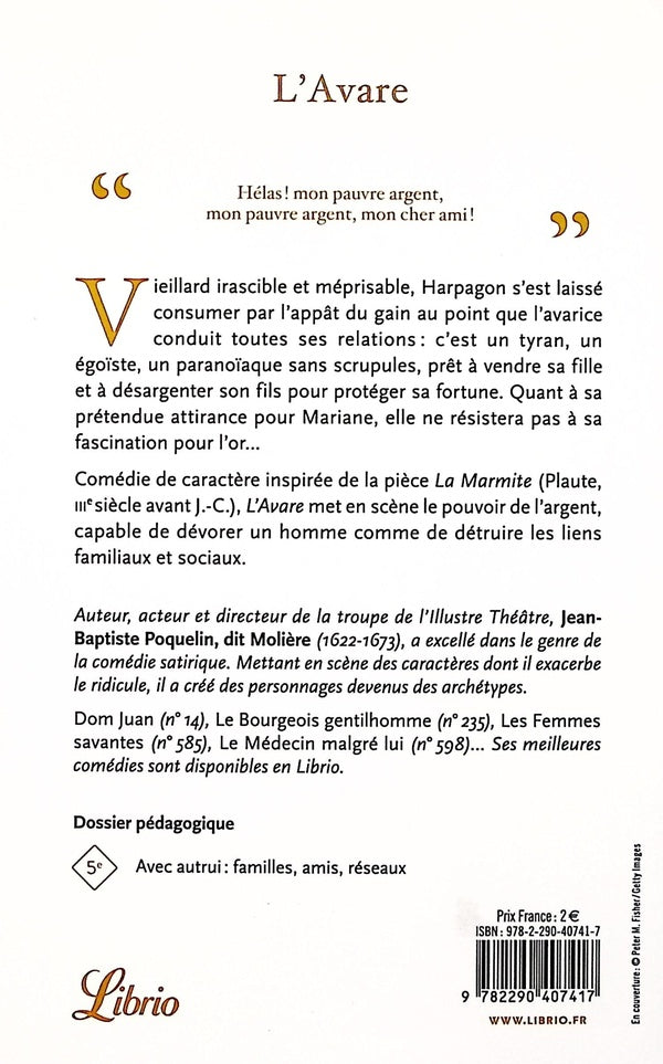 Back cover of L'Avare