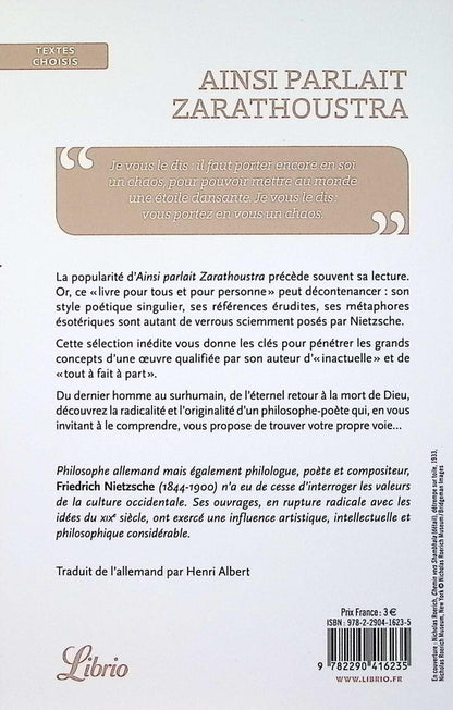 Back cover of Ainsi parlait Zarathoustra : Textes choisis