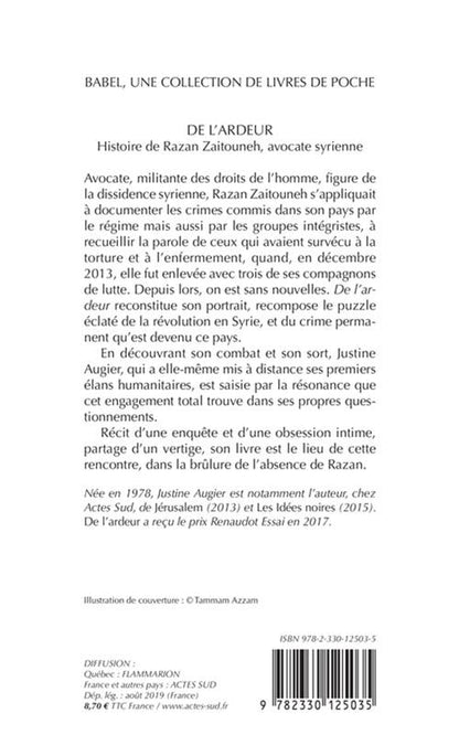 Back cover of De l'ardeur ; histoire de Razan Zaitouneh, avocate syrienne