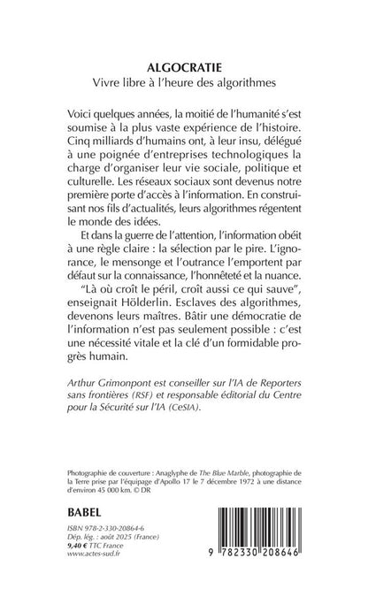 Back cover of Algocratie : Vivre libre à l'heure des algorithmes