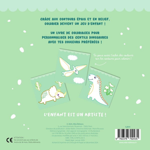 Back cover of Mes gentils dinosaures à colorier sans dépasser : Un bloc de coloriages avec des contours épais, pailletés et en relief