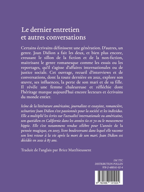 Back cover of Joan Didion, le dernier entretien et autres conversations