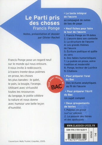 Back cover of Le parti pris des choses                     (Dossier pédagogique Olivier Rachet ; coédition Gallimard)