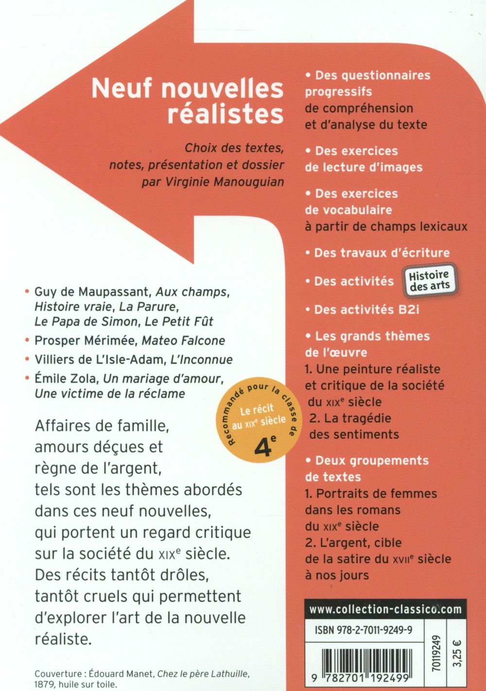 Back cover of Neuf nouvelles réalistes                     (coédition Gallimard ; dossier pédagogique Virginie Manougian)