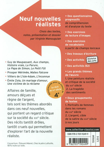Back cover of Neuf nouvelles réalistes                     (coédition Gallimard ; dossier pédagogique Virginie Manougian)