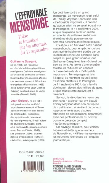 Back cover of L'effroyable mensonge ; thèses et foutaises sur les attentats du 11 septembre                     (IMPRESSION A LA DEMANDE)