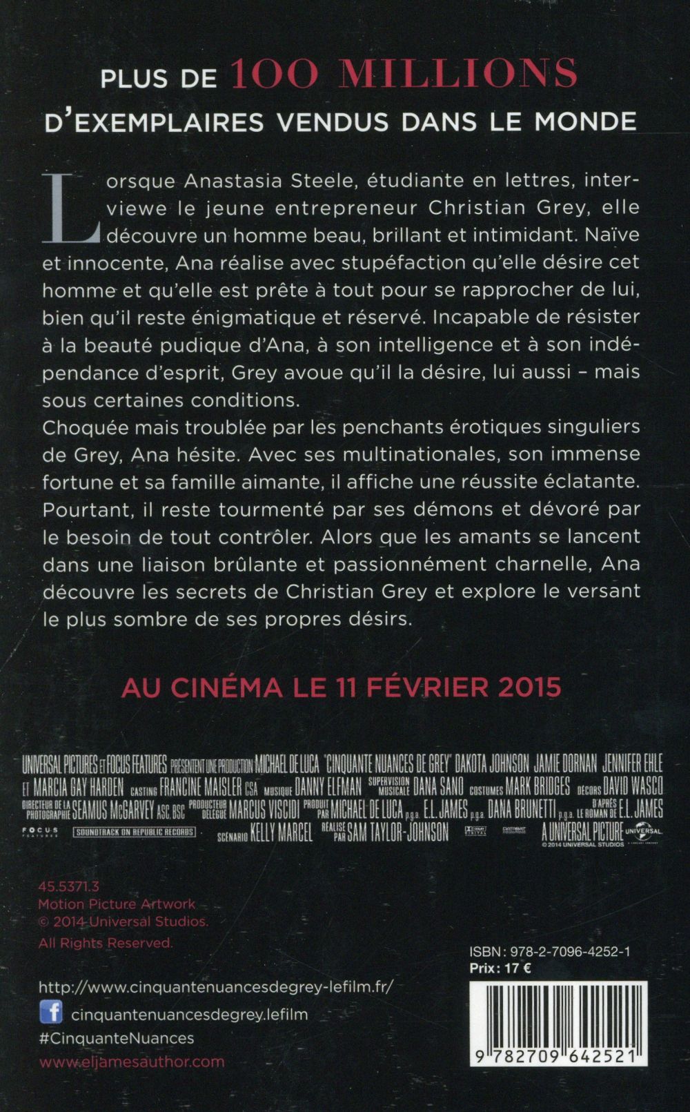 Back cover of Cinquante nuances Tome 1 : cinquante nuances de Grey