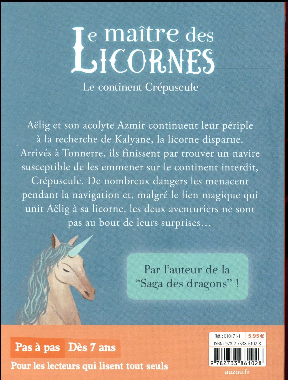 Back cover of Le maître des licornes Tome 2 : le continent crépuscule