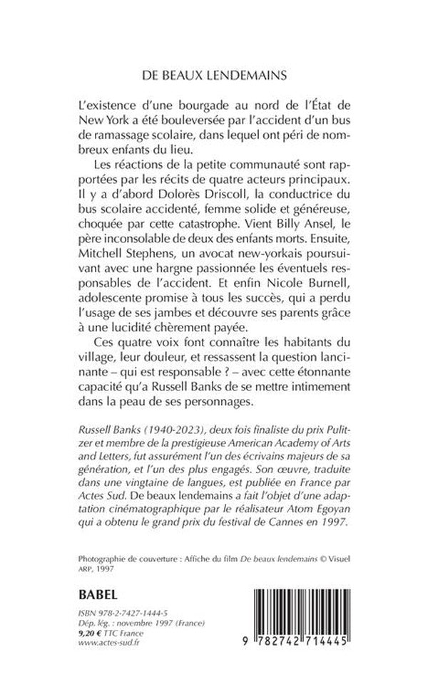 Back cover of De beaux lendemains