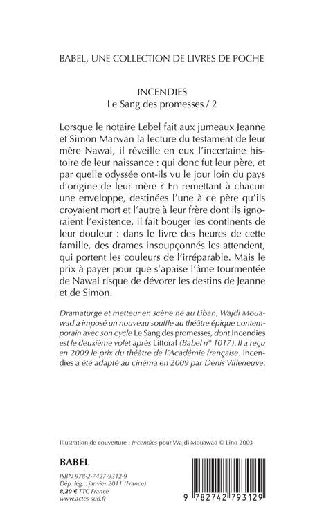 Back cover of Le sang des promesses Tome 2 ; incendies