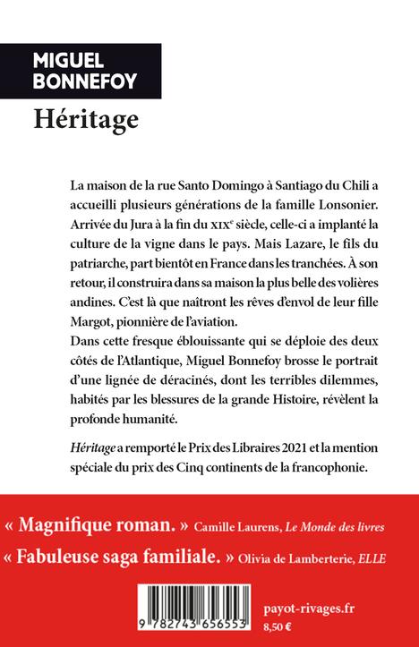 Back cover of Héritage                     (Prix des libraires 2021)