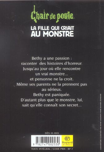 Back cover of Chair de poule Tome 26 : la fille qui criait au monstre