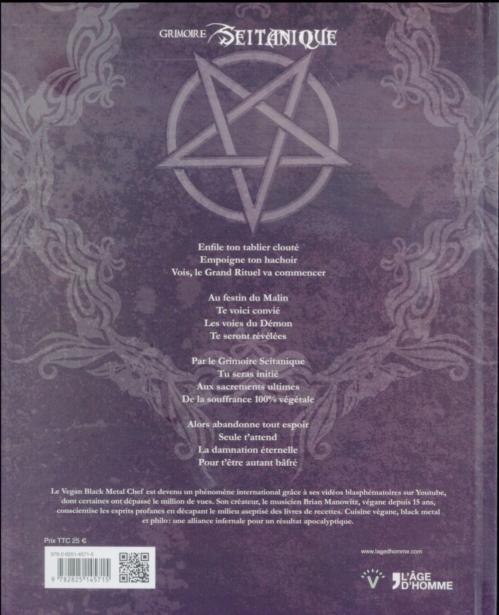 Back cover of Grimoire seitanique ; 120 recettes apocalyptiques du vegan black metal chef