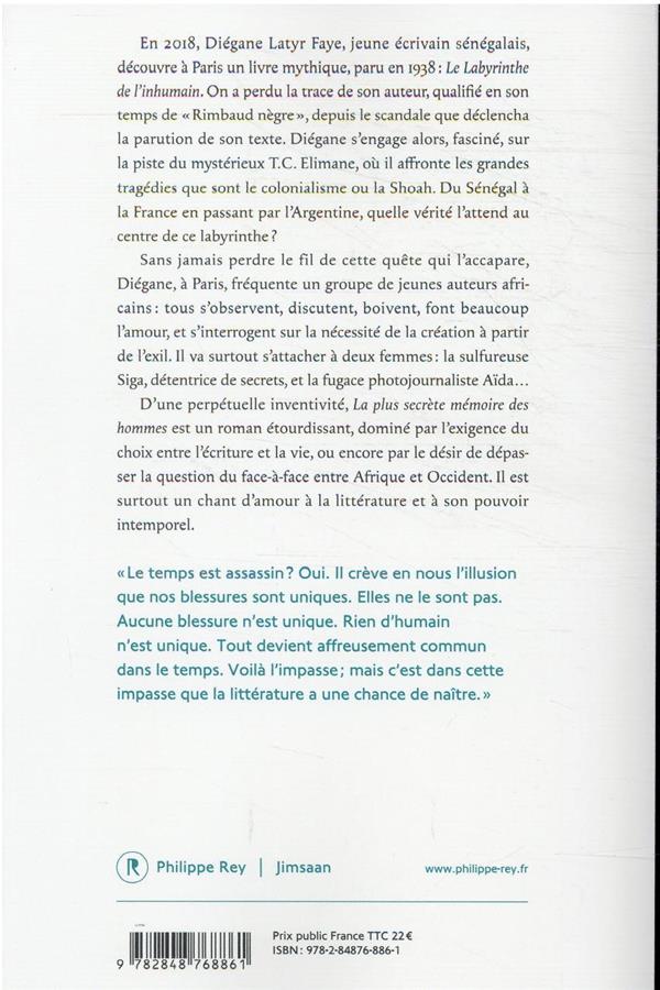 Back cover of La plus secrète mémoire des hommes                     (prix Goncourt 2021 ; coédition Jimsaan)