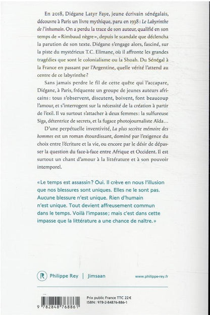 Back cover of La plus secrète mémoire des hommes                     (prix Goncourt 2021 ; coédition Jimsaan)