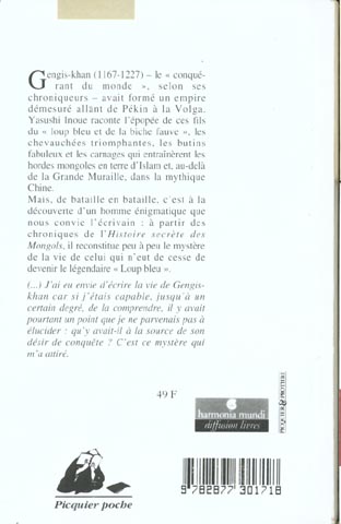 Back cover of Le loup bleu ; le roman de Gengis Khan                     (traduction conjointe Kyoko Sato)