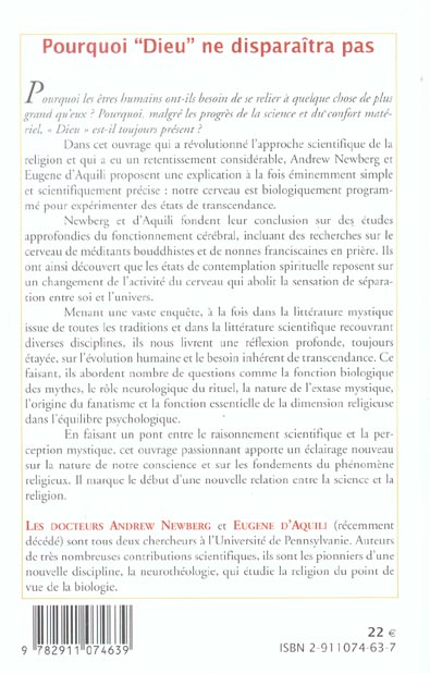 Back cover of Pourquoi Dieu ne disparaîtra pas : Quand la science explique la religion